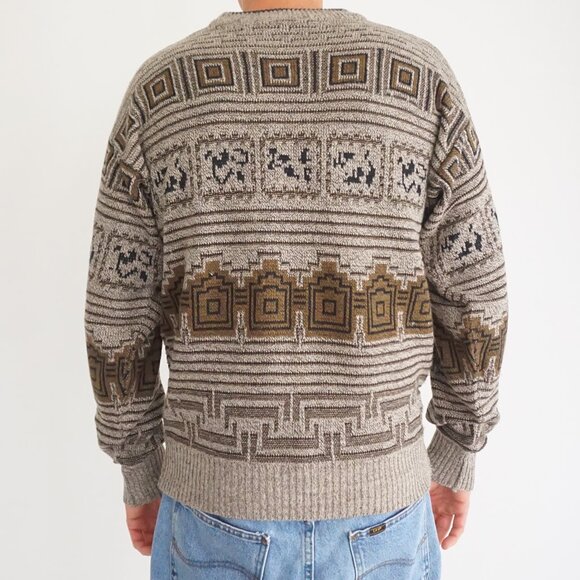 Vintage Hawk Creek Sweater Tan Brown Black Abstract Geometric 90s Coogi Style XL - Picture 2 of 9